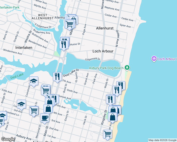 map of restaurants, bars, coffee shops, grocery stores, and more near Deal Lake Drive & Grand Avenue in Asbury Park