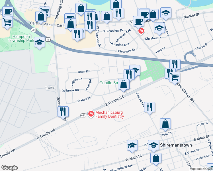 map of restaurants, bars, coffee shops, grocery stores, and more near 304 Debra Road in Mechanicsburg