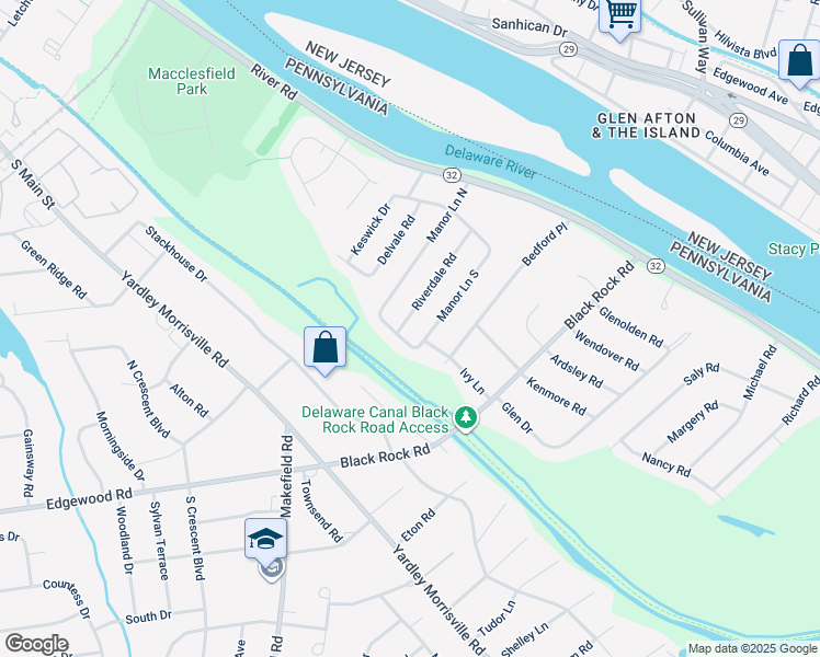 map of restaurants, bars, coffee shops, grocery stores, and more near 29 Riverdale Road in Yardley