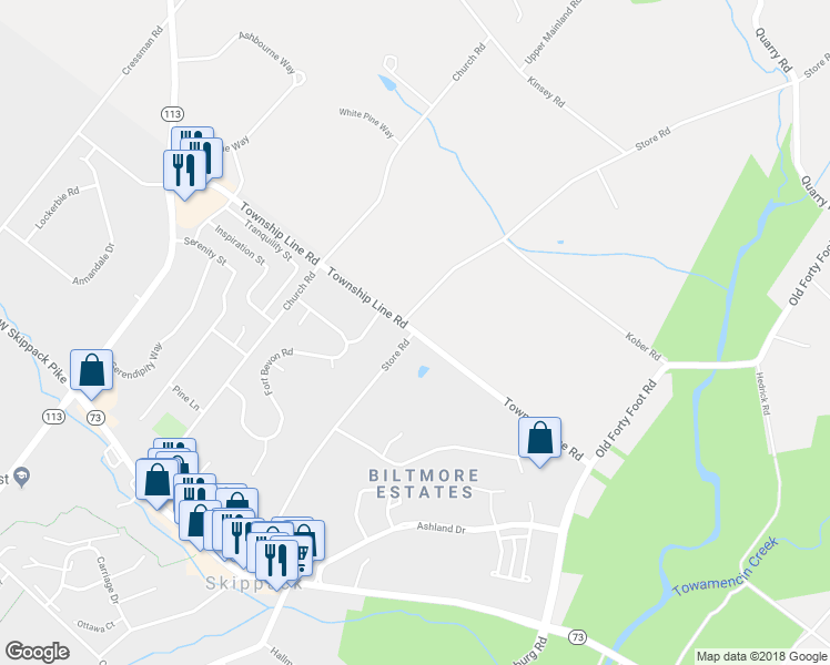 map of restaurants, bars, coffee shops, grocery stores, and more near 4208 Township Line Road in Montgomery County