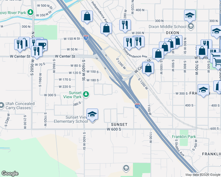 map of restaurants, bars, coffee shops, grocery stores, and more near 234 South Parkside Place in Provo