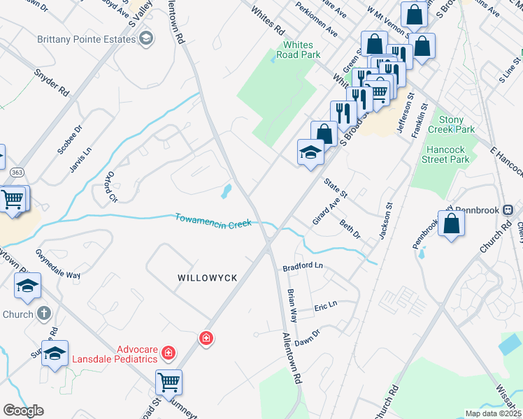 map of restaurants, bars, coffee shops, grocery stores, and more near 847 Allentown Road in Lansdale