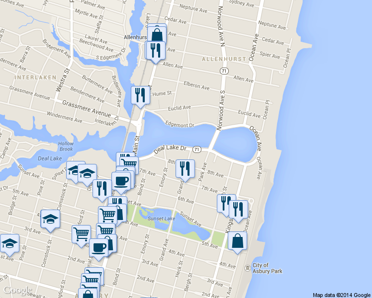 map of restaurants, bars, coffee shops, grocery stores, and more near 500 Deal Lake Drive in Asbury Park