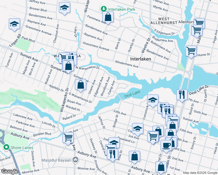 map of restaurants, bars, coffee shops, grocery stores, and more near 1406 Sunset Avenue in Wanamassa