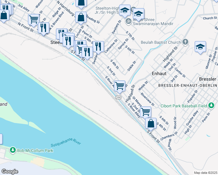 map of restaurants, bars, coffee shops, grocery stores, and more near 362 South Front Street in Steelton
