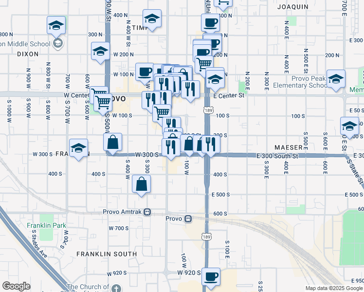 map of restaurants, bars, coffee shops, grocery stores, and more near 176 West 300 South in Provo