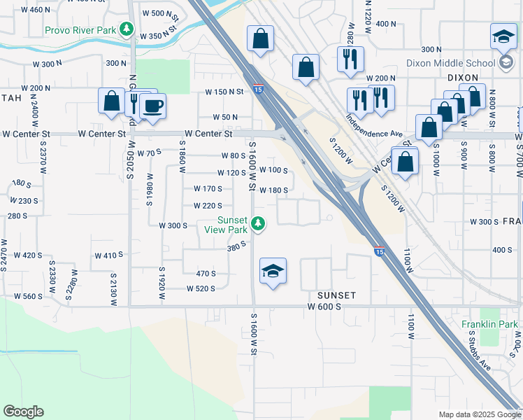 map of restaurants, bars, coffee shops, grocery stores, and more near 307 South 1600 West Street in Provo