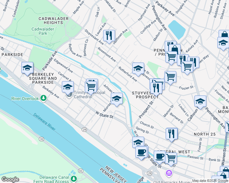 map of restaurants, bars, coffee shops, grocery stores, and more near 615 Artisan Street in Trenton
