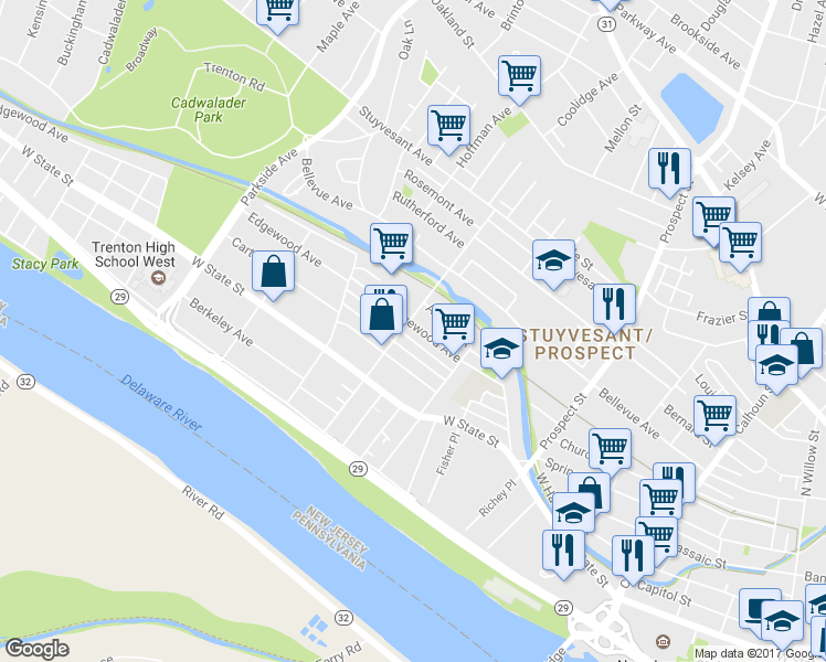 map of restaurants, bars, coffee shops, grocery stores, and more near 651 Edgewood Avenue in Trenton