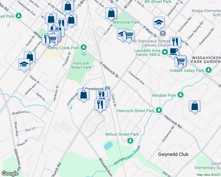 map of restaurants, bars, coffee shops, grocery stores, and more near 447 Church Road in Lansdale