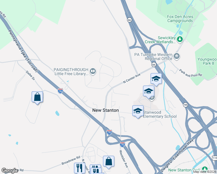 map of restaurants, bars, coffee shops, grocery stores, and more near 164 Stratford Court in New Stanton