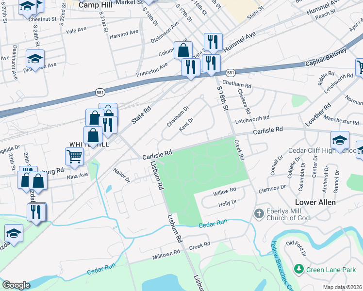 map of restaurants, bars, coffee shops, grocery stores, and more near 1922 Carlisle Road in Camp Hill