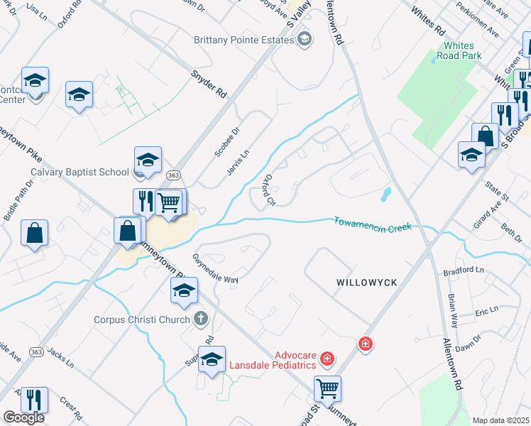 map of restaurants, bars, coffee shops, grocery stores, and more near 1344 Valley Drive in Lansdale