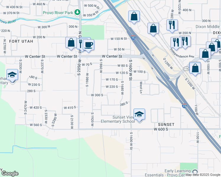 map of restaurants, bars, coffee shops, grocery stores, and more near 1779 West 220 South in Provo