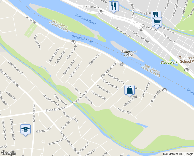 map of restaurants, bars, coffee shops, grocery stores, and more near 56 Black Rock Road in Yardley