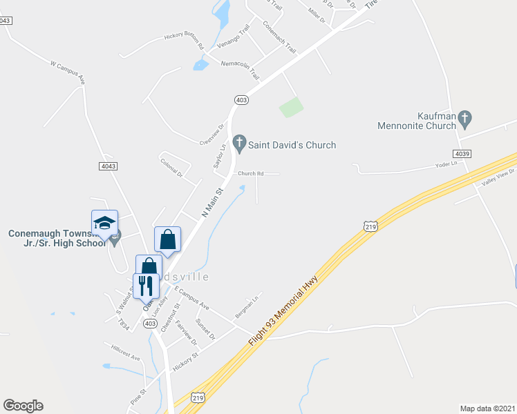 map of restaurants, bars, coffee shops, grocery stores, and more near 142 Homestead Lane in Davidsville