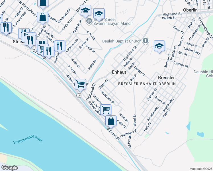 map of restaurants, bars, coffee shops, grocery stores, and more near 39 Brighton Street in Steelton