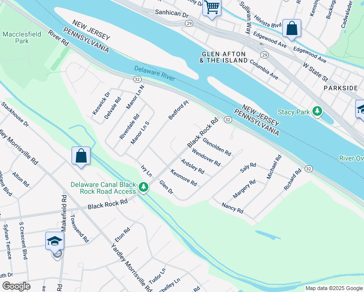map of restaurants, bars, coffee shops, grocery stores, and more near 56 Black Rock Road in Yardley