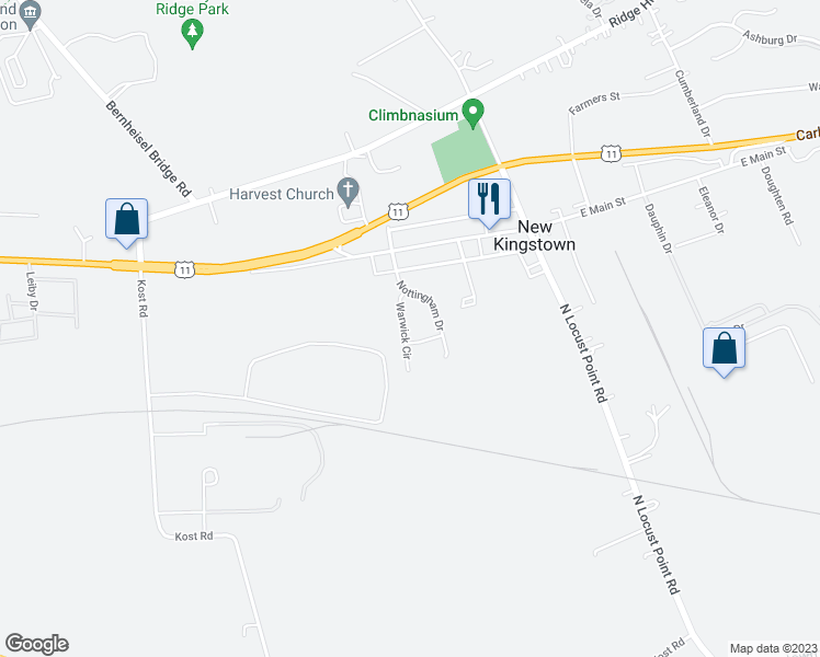 map of restaurants, bars, coffee shops, grocery stores, and more near 24 Warwick Circle in Mechanicsburg