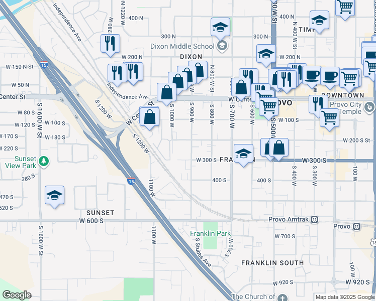 map of restaurants, bars, coffee shops, grocery stores, and more near 930 West 300 South in Provo