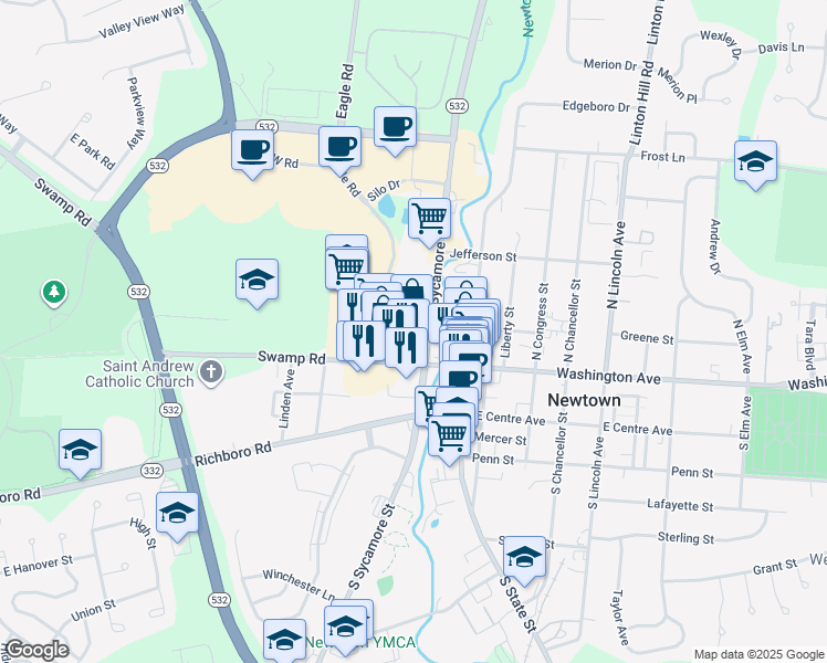 map of restaurants, bars, coffee shops, grocery stores, and more near 10 North Sycamore Street in Newtown