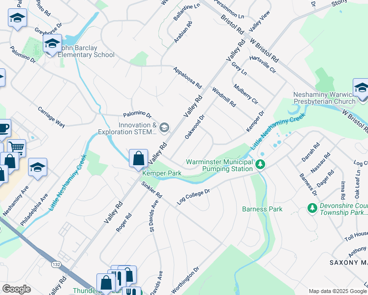 map of restaurants, bars, coffee shops, grocery stores, and more near 1011 Oakwood Drive in Warminster
