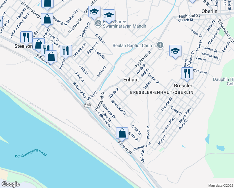 map of restaurants, bars, coffee shops, grocery stores, and more near 39 Brighton Street in Steelton