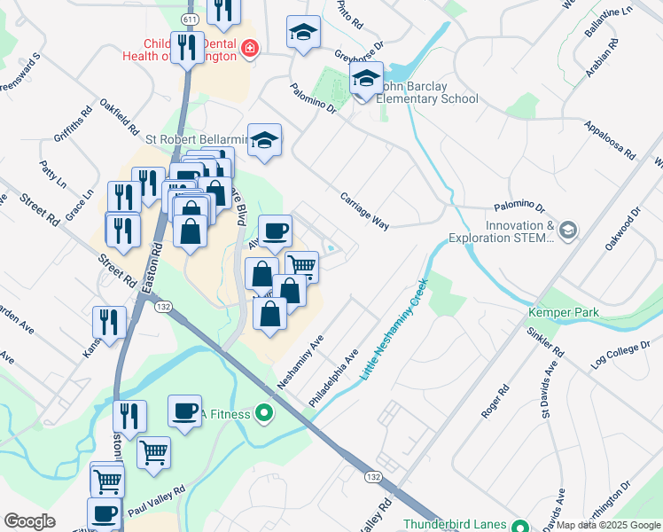 map of restaurants, bars, coffee shops, grocery stores, and more near 3212 Meridian Boulevard in Warrington