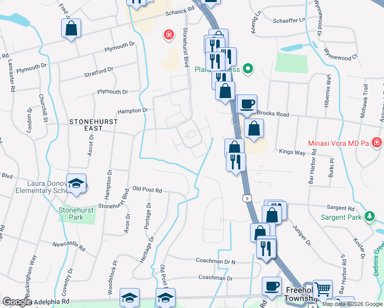 map of restaurants, bars, coffee shops, grocery stores, and more near in Freehold