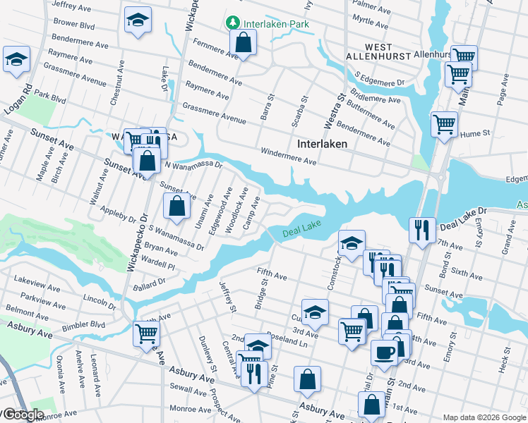 map of restaurants, bars, coffee shops, grocery stores, and more near 1303 Sunset Avenue in Wanamassa