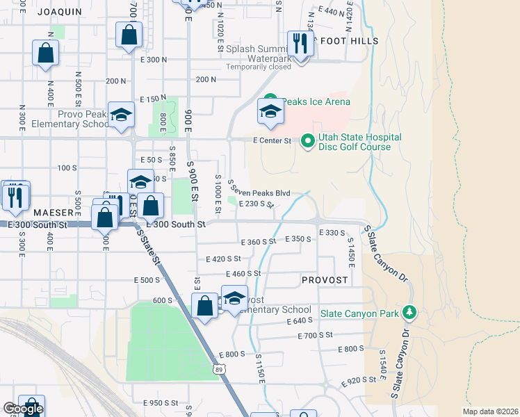 map of restaurants, bars, coffee shops, grocery stores, and more near 1143 300 South in Provo