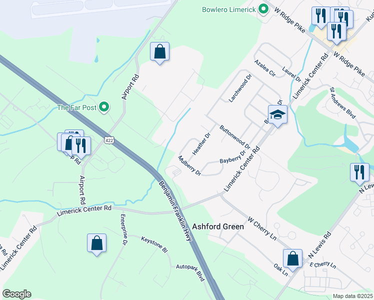 map of restaurants, bars, coffee shops, grocery stores, and more near 341 Mulberry Drive in Royersford