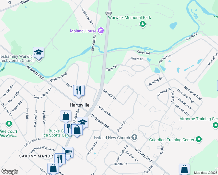 map of restaurants, bars, coffee shops, grocery stores, and more near 1017 Gates Place in Warminster