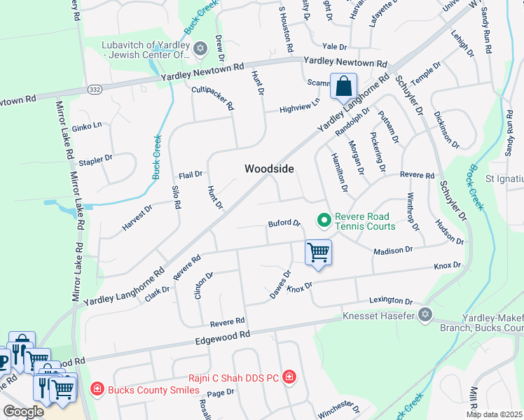 map of restaurants, bars, coffee shops, grocery stores, and more near 1416 Buford Drive in Yardley