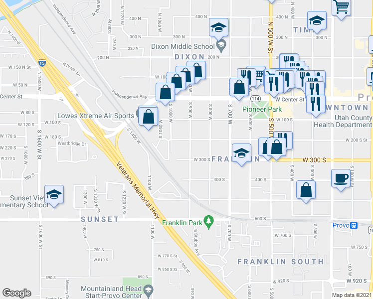 map of restaurants, bars, coffee shops, grocery stores, and more near 930 West 300 South in Provo