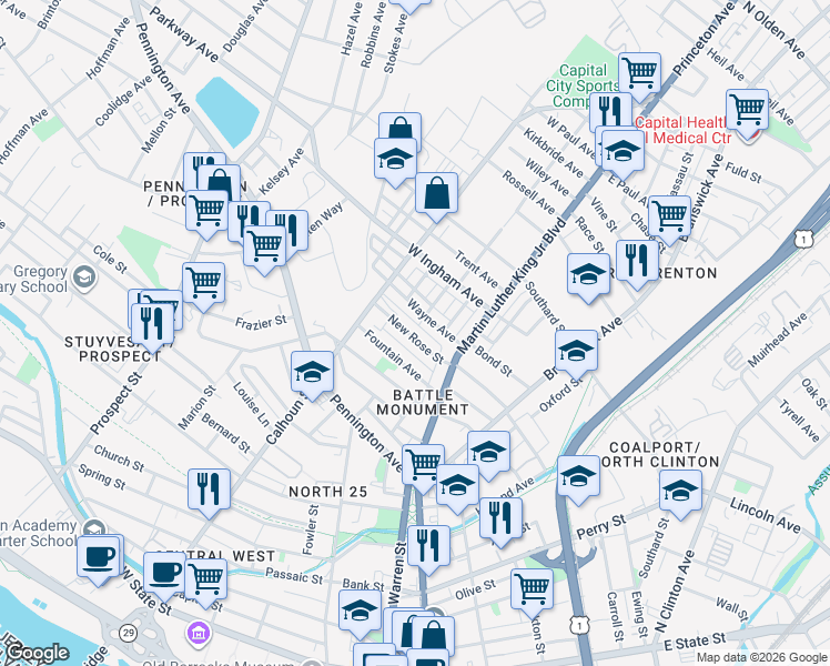 map of restaurants, bars, coffee shops, grocery stores, and more near 43 New Rose Street in Trenton