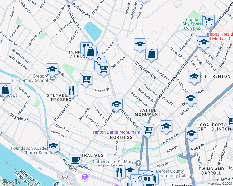 map of restaurants, bars, coffee shops, grocery stores, and more near 205 Pennington Avenue in Trenton
