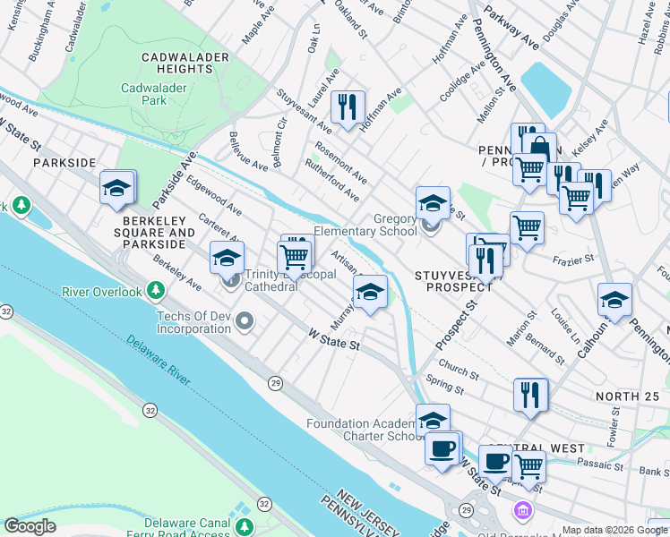 map of restaurants, bars, coffee shops, grocery stores, and more near 651 Edgewood Avenue in Trenton