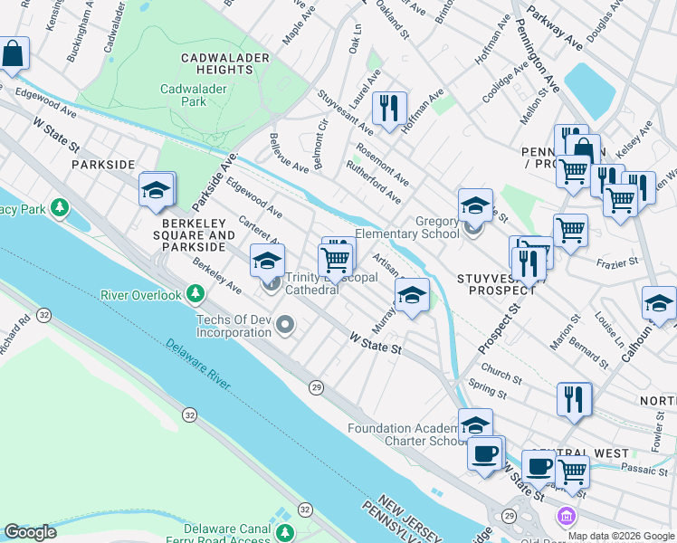 map of restaurants, bars, coffee shops, grocery stores, and more near 49 North Hermitage Avenue in Trenton