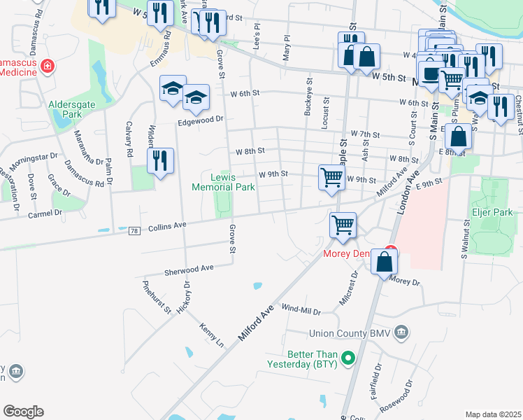 map of restaurants, bars, coffee shops, grocery stores, and more near 736 Collins Avenue in Marysville