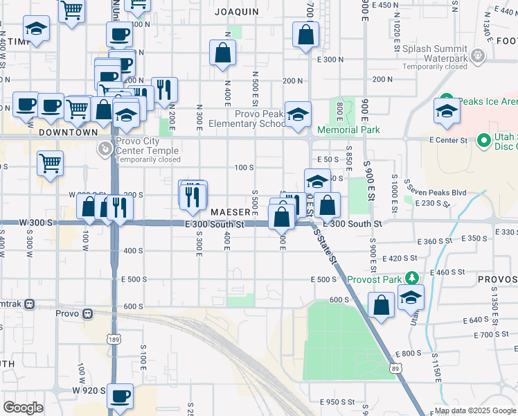 map of restaurants, bars, coffee shops, grocery stores, and more near 245 South 500 East in Provo