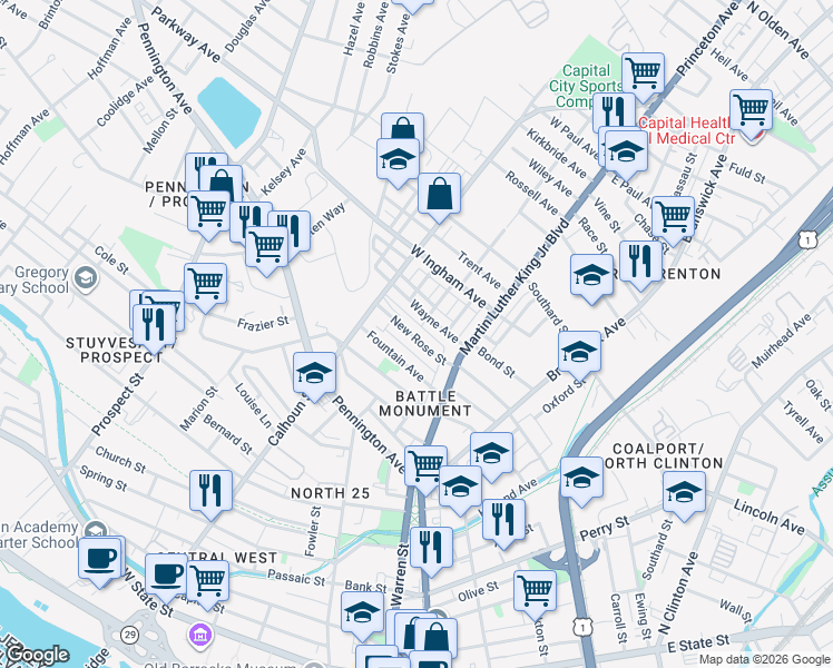 map of restaurants, bars, coffee shops, grocery stores, and more near 43 New Rose Street in Trenton