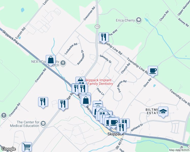 map of restaurants, bars, coffee shops, grocery stores, and more near 2033 Serendipity Way in Schwenksville
