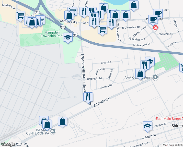 map of restaurants, bars, coffee shops, grocery stores, and more near 442 Virginia Road in Mechanicsburg