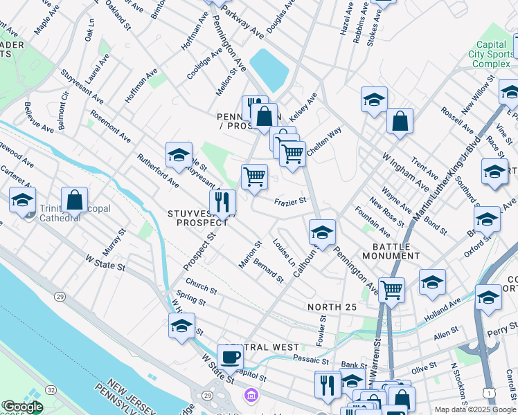 map of restaurants, bars, coffee shops, grocery stores, and more near 390 Reservoir Street in Trenton