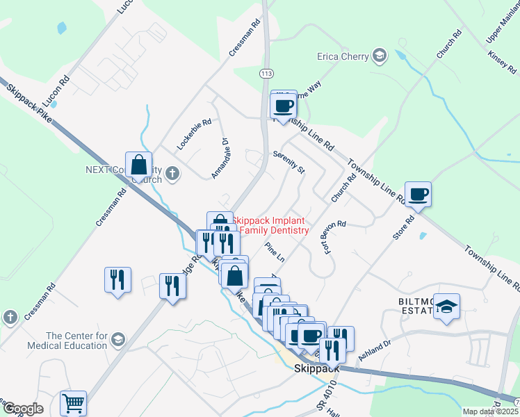 map of restaurants, bars, coffee shops, grocery stores, and more near 2033 Serendipity Way in Schwenksville