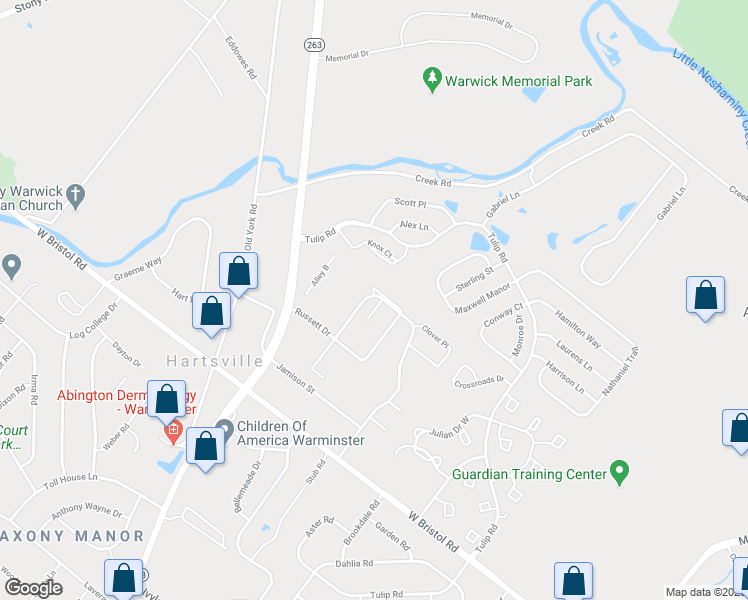 map of restaurants, bars, coffee shops, grocery stores, and more near 1566 Tarleton Place in Warminster