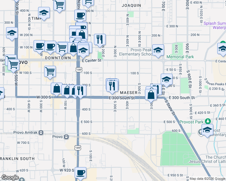 map of restaurants, bars, coffee shops, grocery stores, and more near 248 South 300 East in Provo