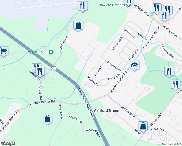 map of restaurants, bars, coffee shops, grocery stores, and more near 341 Mulberry Drive in Royersford