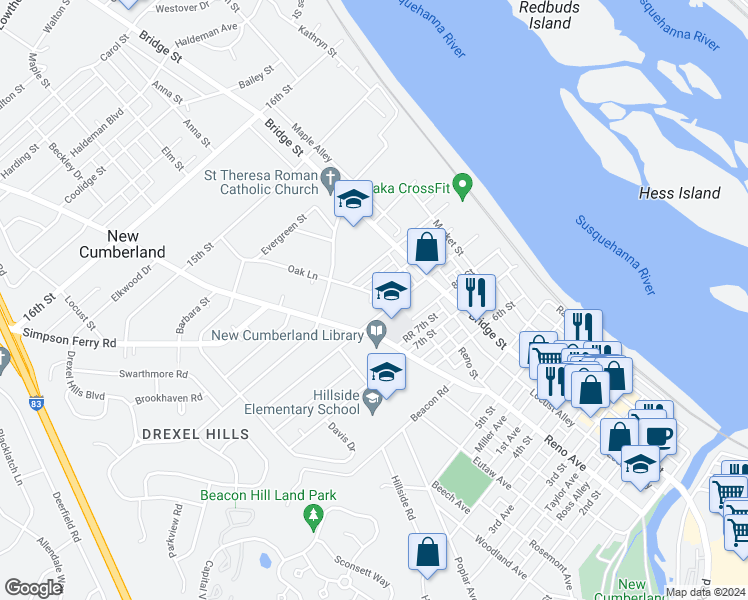 map of restaurants, bars, coffee shops, grocery stores, and more near 999 Oak Lane in New Cumberland